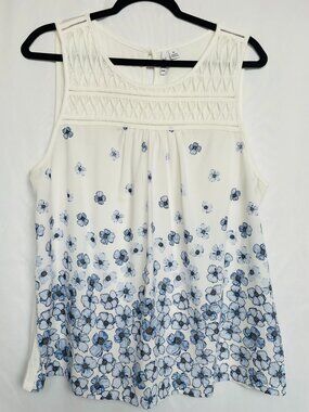 ELLE Sleeveless Blouse White Blue Floral Border Print Textured Yoke XL